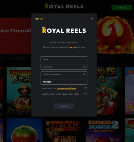Royal Reels - sign-up process